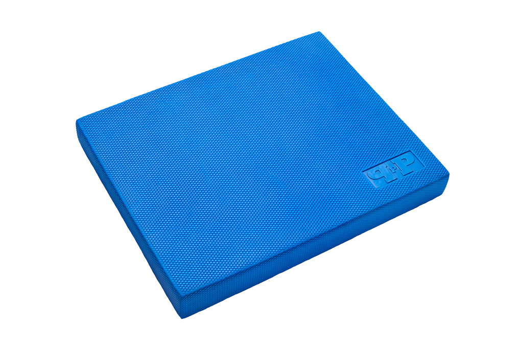 Blue rectangular shaped balance mat on a slight angle with PPP logo in the bottom right corner