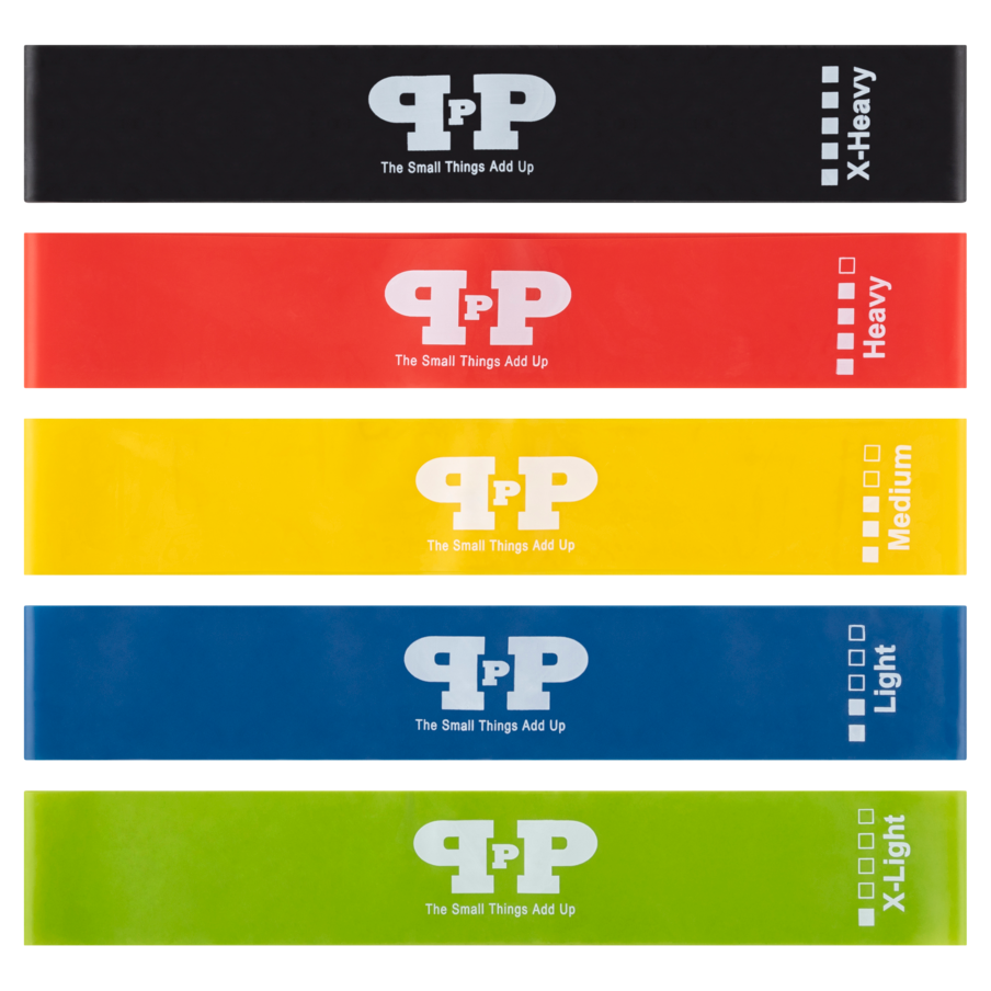 black, red, yellow, blue and green latex resistance bands