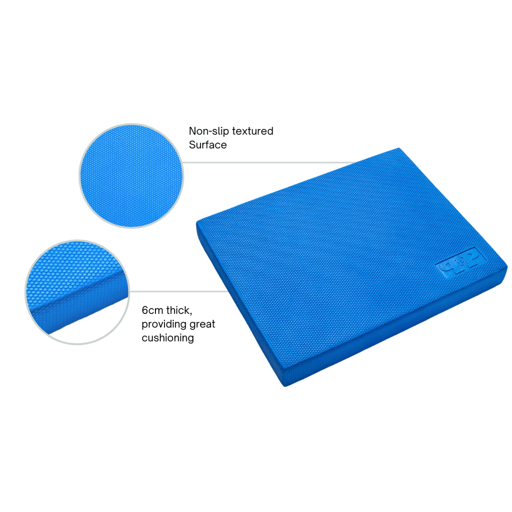 Features and benefits and close up of blue balance mat product