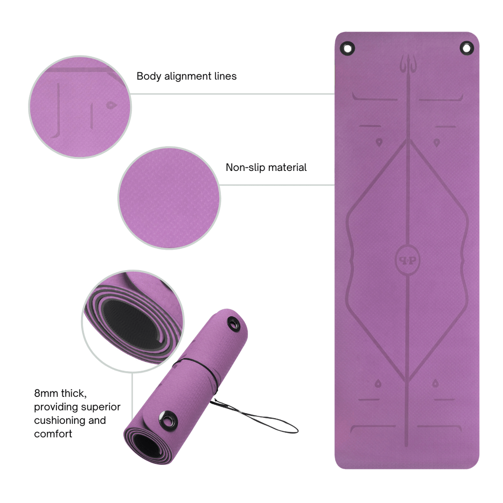 Features and benefits of purple yoga mat featuring close ups